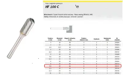 Klingspor kovinski rezalnik HF 100 c fi = 9,6x19mm Mandle 6mm tipa WRC, cilindrično-cveža