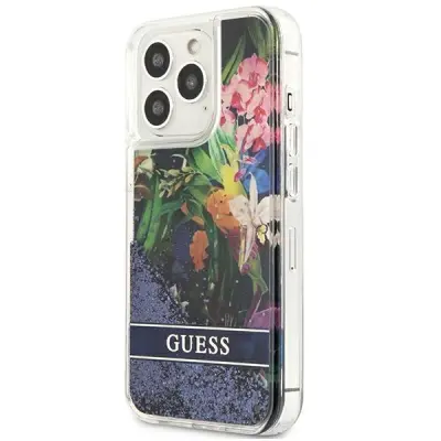 GUESS GUHCP13LLFLSB silikonski ovitek za iPhone 13 Pro - rožice z modrimi bleščicami