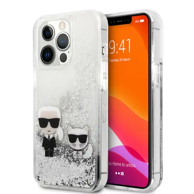 Originalen KARL LAGERFELD ovitek iPhone 13 Pro - Karl and Choupette - prozorna zaščita s srebrnimi bleščicami - KLHCP13LGKCS