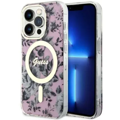 Originalni GUESS ovitek Flowers GUHMP14LHCFWSP z Magsafe za iPhone 14 Pro - roza