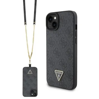 GUESS GUHCP15SP4TDSCPK silikonski ovitek za iPhone 15 - črn z zlatim trikotnim logom in paščkom