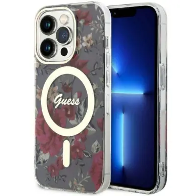 Originalni GUESS ovitek Flowers GUHMP14LHCFWSA z Magsafe za iPhone 14 Pro - kaki