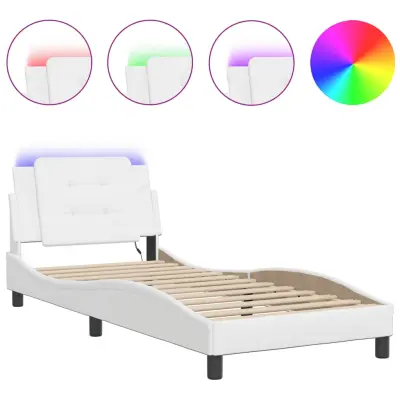vidaXL Posteljni okvir z LED lučkami bel 90x190 cm umetno usnje