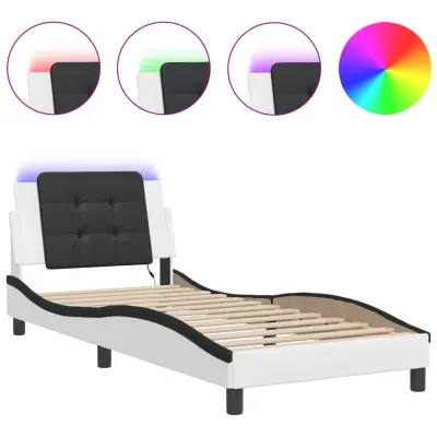 vidaXL Posteljni okvir z LED lučkami bel in črn 90x190 cm umetno usnje