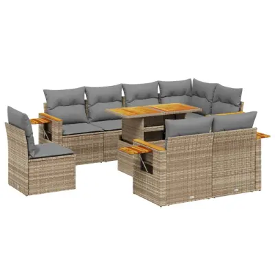 vidaXL Vrtna garnitura 9-delna z blazinami bež poli ratan