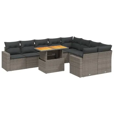 vidaXL Vrtna sedežna garnitura 10-delna z blazinami siv poli ratan