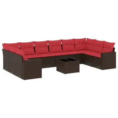 vidaXL Vrtna sedežna garnitura 11-delna z blazinami rjava poli ratan