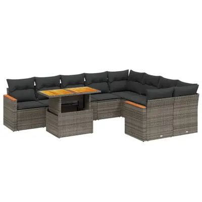 vidaXL Vrtna sedežna garnitura 10-delna z blazinami siv poli ratan