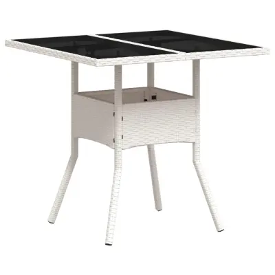 vidaXL Vrtna miza s stekleno ploščo bela 80x80x75 cm poli ratan