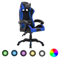 vidaXL Racing stol z RGB LED lučkami modro in črno umetno usnje