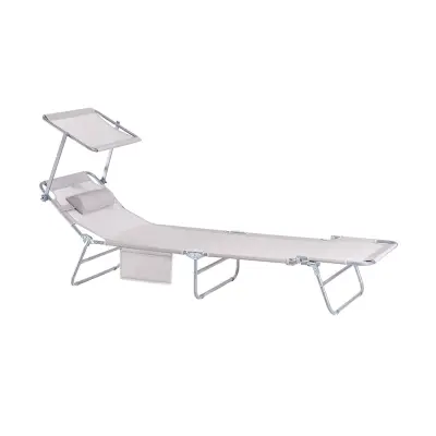 SoBuy Nastavljiv zložljiv ležalnik za sončenje s senčnikom v bež barvi v obalnem slogu