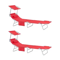 SoBuy Komplet nastavljivih zložljivih ležalnikov za sončenje z senčnikom v rdeči barvi v obalnem slogu