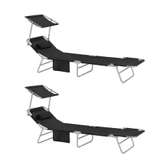 SoBuy Komplet nastavljivih zložljivih ležalnikov za sončenje z senčnikom v črni barvi v obalnem slogu