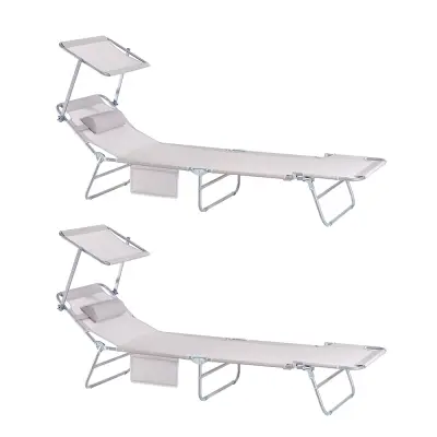 SoBuy Komplet nastavljivih zložljivih ležalnikov za sončenje z senčnikom v bež barvi v obalnem slogu