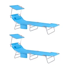 SoBuy Komplet nastavljivih zložljivih ležalnikov za sončenje z senčnikom v modri barvi v obalnem slogu
