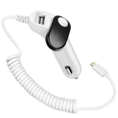 Avtomobilski polnilec za iPhone, zvit kabel Lightning proti zapletanju 1 m - bel