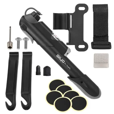 Črpalka za kolo z manometrom, [120 psi][popoln komplet] mini kolesarska črpalka, kroglična črpalka z iglo, komplet zaplat brez lepila, pokrovčki venti