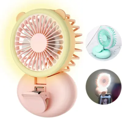 Prenosni ročni ventilator, mini osebni ročni ventilator z LED lučko, 2000 mAh baterijski ventilator za ličenje za ženske, dekleta na prostem v pisarni