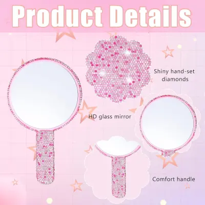 Rhinestone Ročno Ogledalo Poročno Svetleče Ročno Ogledalo Srčkano Bleščeče Kozmetično Prenosno Okrasno Osebno Ogledalo za Ličenje za Ženske Dekleta Ne