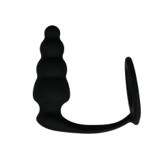 Rebrast analni čep z obročkom za penis, črn