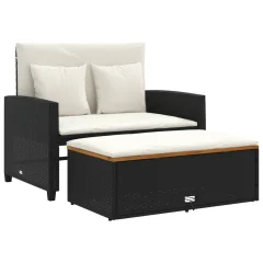vidaXL Vrtni kavč z blazinami 2-sedežni črn poli ratan in akacijev les