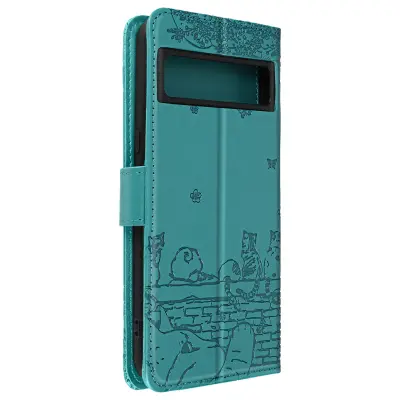 Ovitek denarnica za Google Pixel 8 Pro, turkizno macje oblikovanje – ovitek Kawaii Cat