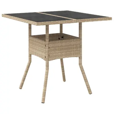 vidaXL Vrtna miza s stekleno ploščo bež 80x80x75 cm poli ratan