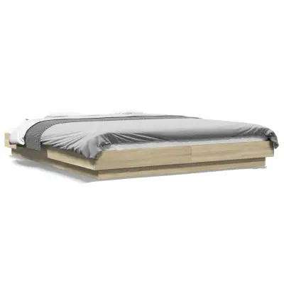 vidaXL Posteljni okvir z LED lučkami sonoma hrast 150x200 cm inž. les