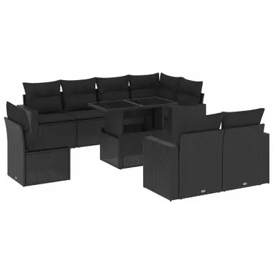 vidaXL Vrtna sedežna garnitura 9-delna z blazinami črn poli ratan