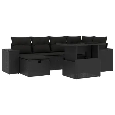vidaXL Vrtna sedežna garnitura 7-delna z blazinami črn poli ratan