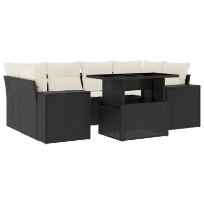 vidaXL Vrtna sedežna garnitura 7-delna z blazinami črn poli ratan