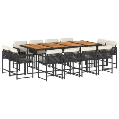 vidaXL Vrtna jedilna garnitura 13-delna z blazinami črn poli ratan