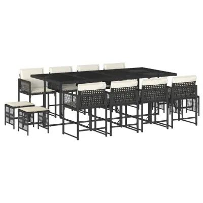 vidaXL Vrtna jedilna garnitura 13-delna z blazinami črn poli ratan