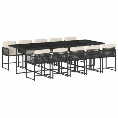 vidaXL Vrtna jedilna garnitura 11-delna z blazinami črna poli ratan