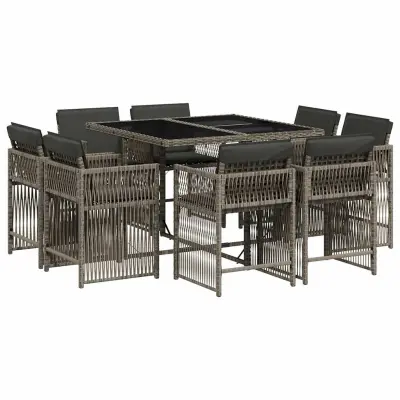 vidaXL Vrtna jedilna garnitura 9-delna z blazinami siv poli ratan