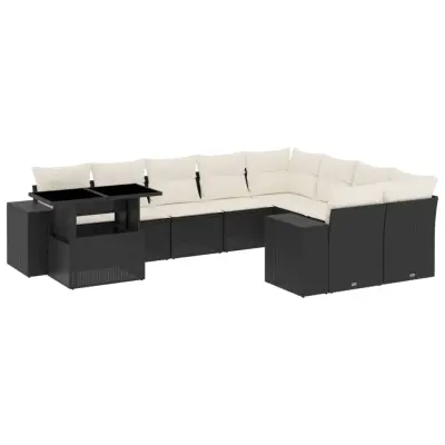 vidaXL Vrtna sedežna garnitura 10-delna z blazinami črn poli ratan