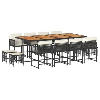 vidaXL Vrtna jedilna garnitura 13-delna z blazinami črn poli ratan