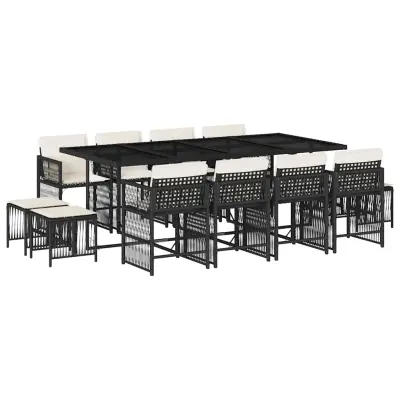 vidaXL Vrtna jedilna garnitura 13-delna z blazinami črn poli ratan