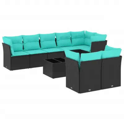 vidaXL Vrtna sedežna garnitura 9-delna z blazinami črn poli ratan