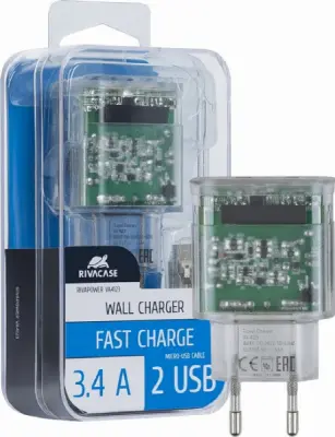RIVACASE hišni polnilec VA4123 TD1 3,4A 2x USB + podatkovno polnilni kabel Micro USB - prozoren