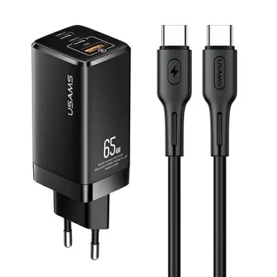 Usams hišni polnilec 220V QC/PD 65W vhod 2x Type C 1x USB-A s priloženim kablom Type C Type C - Original (EU Blister) črn