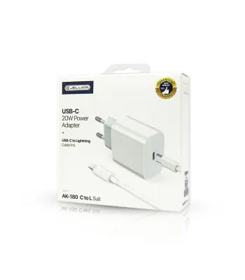 JELLICO Hišni polnilec AK-180 (Quick Charge) 20W vhod Type-C z Lightning podatkovnim kablom (EU Blister), bel