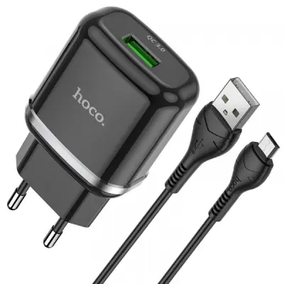 HOCO pametni hišni polnilec N3 18W z 3.0 QC USB vtičem in s polnilnim kablom MicroUSB črn