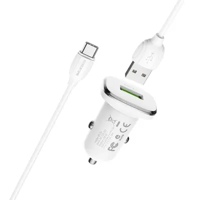 Borofone avtopolnilec 18W BZ12A USB-A QC 3.0 s kablom Type C 1m - bel