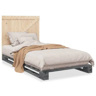 vidaXL Posteljni okvir z vzglavjem siv 100x200 cm trdna borovina