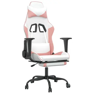 vidaXL Gaming stol z oporo za noge belo in roza umetno usnje