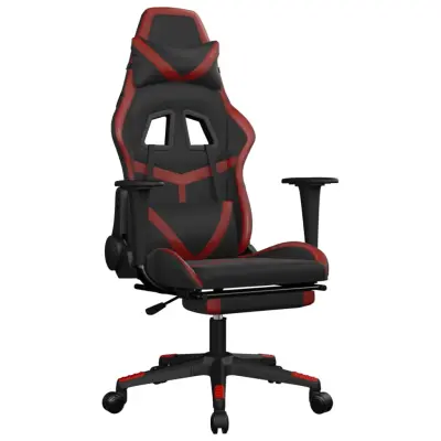 vidaXL Masažni gaming stol z oporo za noge črn in vin. rdeč um. usnje