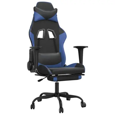 vidaXL Masažni gaming stol z oporo za noge črno in modro umetno usnje