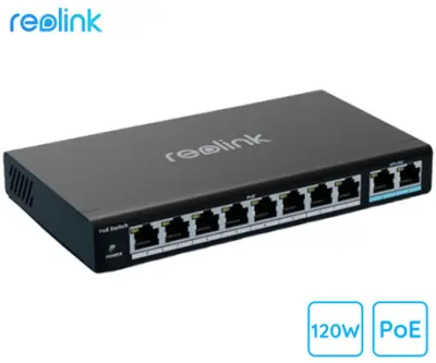 Reolink RLA-PS1 PoE switch/stikalo, 120W, priklop do 8 kamer, samodejno zaznavanje, 4KV električna zaščita, Plug & Play, stenska/namizna montaža, črna