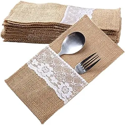 12 kosov torbice za jedilni pribor iz čipke, poročne vintage torbice za jedilni pribor iz naravne jute (21*11 cm)